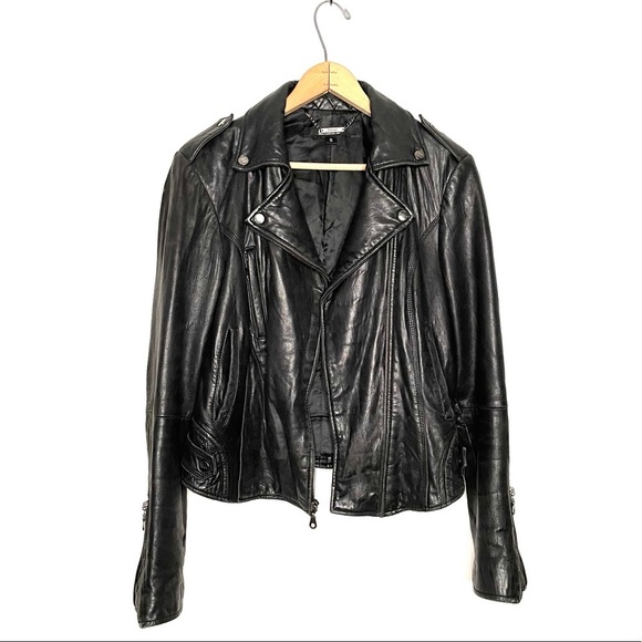 DKNY | Black Leather Moto Biker Jacket - Picture 1 of 16